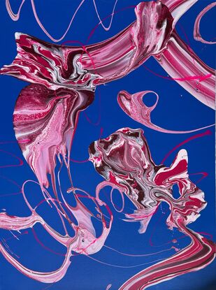 An abstract acrylic fluid art painting titled Blushing Whirlwind by Laura Anderson. The artwork features vibrant hues of pink, fuchsia, and crimson, swirling in dynamic patterns across a deep blue background. The texture is enhanced by an aerosol acrylic base, creating layers of movement and depth. The forms resemble wind currents or flowing ribbons, evoking a sense of fluidity and balance amidst the vibrant chaos.