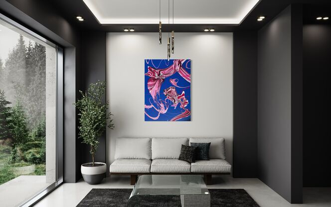 An abstract acrylic fluid art painting titled Blushing Whirlwind by Laura Anderson. The artwork features vibrant hues of pink, fuchsia, and crimson, swirling in dynamic patterns across a deep blue background. The texture is enhanced by an aerosol acrylic base, creating layers of movement and depth. The forms resemble wind currents or flowing ribbons, evoking a sense of fluidity and balance amidst the vibrant chaos.