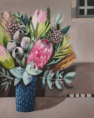 A whimsical decorative still life with Australian native flowers.
