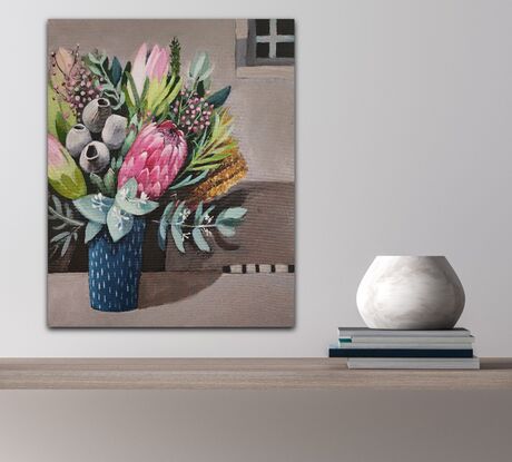 A whimsical decorative still life with Australian native flowers.
