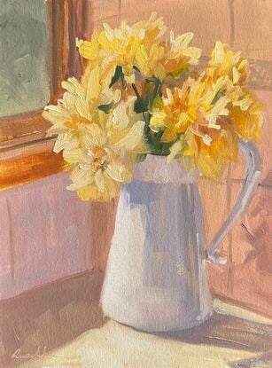 White jug with yellow dahlias 