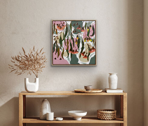 A patterned background with the natural colours of gums and Australian summers overlaid by pretty clusters of gum leaves and flower blossoms.  The flowers are soft pinks and against the gun grey of the leaves they sparkle. A piece to add colour and fun to your room. 