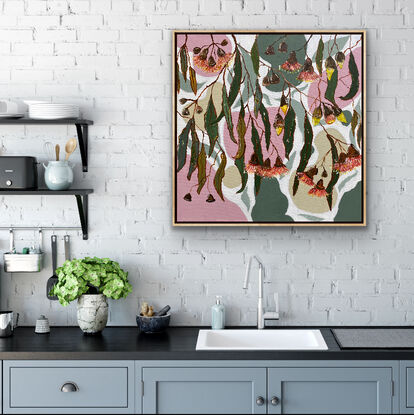 A patterned background with the natural colours of gums and Australian summers overlaid by pretty clusters of gum leaves and flower blossoms.  The flowers are soft pinks and against the gun grey of the leaves they sparkle. A piece to add colour and fun to your room. 