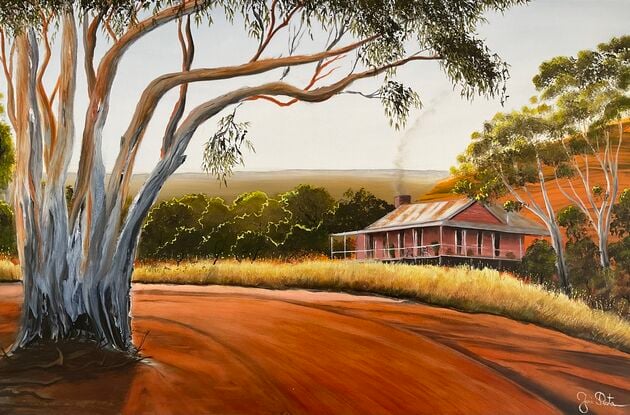 Australian Outback House on the Hill next to dirt road and large gumtree 