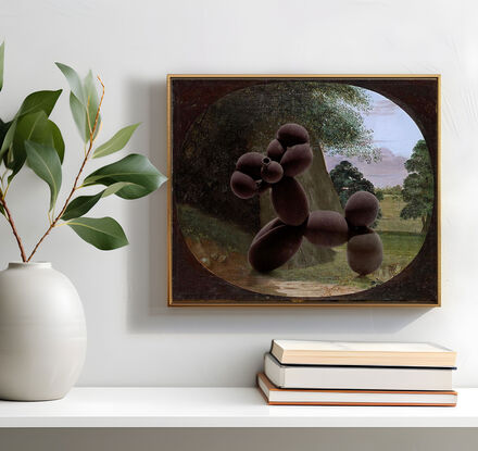 Australian landscape flora and fauna colonial-era oil painting by naturalist Robert Downing, with a portrait group reimagined as a Jeff Koons-style dark, matt balloon animal deer. 