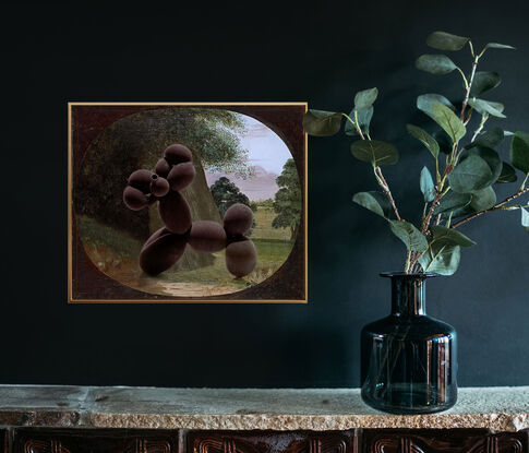 Australian landscape flora and fauna colonial-era oil painting by naturalist Robert Downing, with a portrait group reimagined as a Jeff Koons-style dark, matt balloon animal deer. 