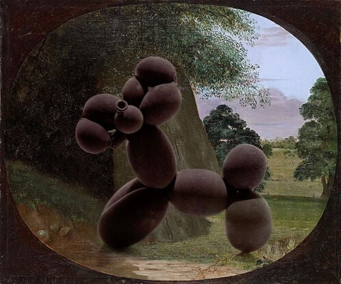 Australian landscape flora and fauna colonial-era oil painting by naturalist Robert Downing, with a portrait group reimagined as a Jeff Koons-style dark, matt balloon animal deer. 