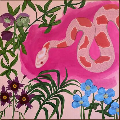 Corn snake amongst flowers. Unframed, please select to have a frame added.