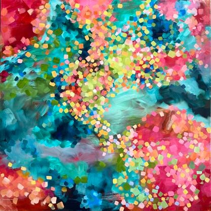 An impressionist landscape of colour, inspired by the coral reef.  Mark making, in ocean shades and beautiful coral colours. 