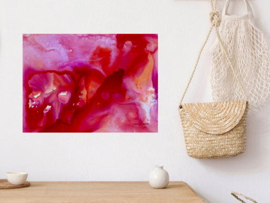 Embrace the warm, passionate energy of "Blush," a mixed media abstract artwork that envelops the viewer in a lush palette of reds, pinks, and soft oranges. This piece evokes a sense of emotional intensity and the beauty of bold expression, with its flowing shapes and dynamic color interplay creating a captivating visual narrative. "Blush" brings a vibrant touch of warmth and depth, perfect for adding a dramatic yet elegant statement to any space.