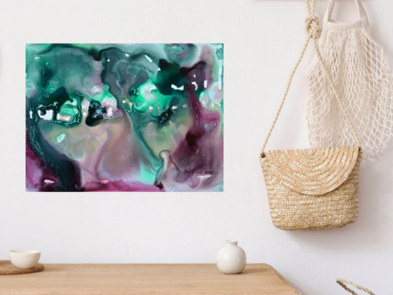 Unveil the mysterious allure of "Enigma," a mixed media abstract artwork that captivates with its deep greens, soft purples, and subtle hints of light. This piece evokes a sense of hidden depths and the complexity of natural forms, inviting viewers to explore its layered textures and fluid shapes. The harmonious blend of colors and the play of light and shadow create a mesmerizing and contemplative visual experience, perfect for adding an element of intrigue to any setting.