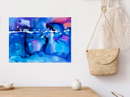 Immerse yourself in the dynamic flow of "Cascade 1," a mixed media abstract artwork that exudes the tranquil energy of cascading waters. This piece features a vibrant interplay of blues, purples, and subtle pinks, capturing the essence of movement and fluidity. The artwork's bold contrasts and sweeping lines evoke the serene yet powerful force of water in motion, making "Cascade" a captivating focal point that brings a sense of flow and vitality to any space.