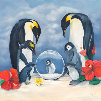 Penguins on a beach looking into a snow globe.  