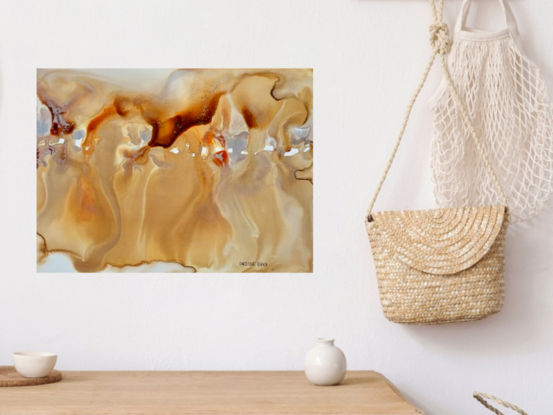 Experience the warm, flowing textures of "Dunes," a mixed media abstract artwork that evokes the serene beauty of a sunlit desert landscape. This piece combines soft browns, sandy beiges, and warm amber tones to create a sense of gentle movement and natural elegance. The fluid forms and subtle color transitions invite the viewer to explore the quiet harmony of nature’s earthy palette, making "Dunes" a perfect addition for those seeking a calm and grounded aesthetic in their space.