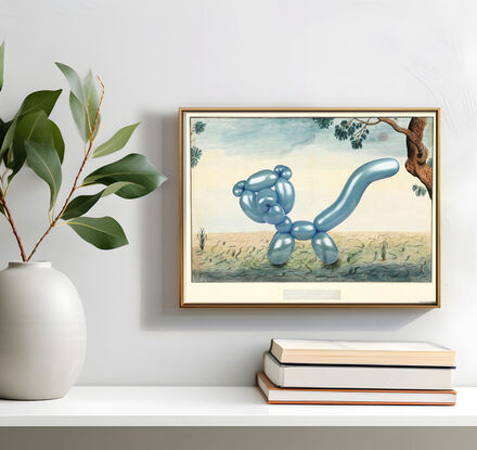 Australian landscape flora and fauna colonial-era painting by naturalist and convict arist Thomas Watling, with a quoll reimagined as a Jeff Koons-style transparent sky blue party balloon animal cat. 