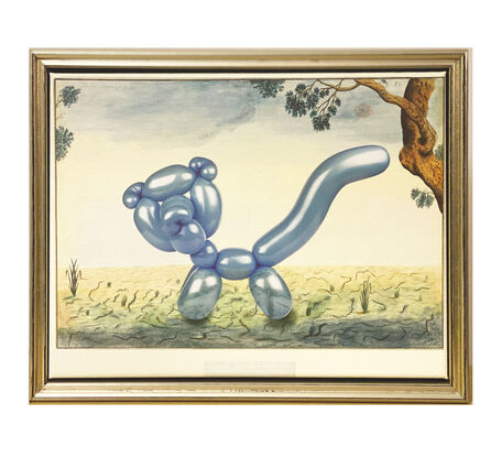 Australian landscape flora and fauna colonial-era painting by naturalist and convict arist Thomas Watling, with a quoll reimagined as a Jeff Koons-style transparent sky blue party balloon animal cat. 