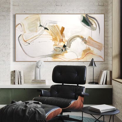 Subtle tones of dark green, light green, white, neutral, grey, black. beige, peach, apricot and orange across the canvas surface. 