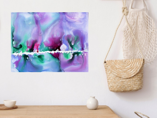 "Mystique" is a mesmerizing mixed media abstract artwork that invites viewers into a world of soft purples, greens, and blues. The gentle flow and blending of colors create an ethereal landscape that feels both serene and otherworldly. The interplay of light and shadows evokes a sense of mystery and calm, making this piece a captivating addition to any space. Its tranquil yet dynamic composition encourages quiet reflection and a deeper connection with the viewer's own imagination.