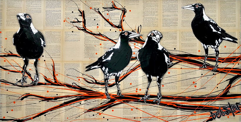 4 cheeky magpies on a branch on book pages