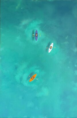 Aerial view of coloured kayaks on turquoise water