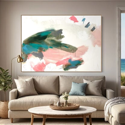 Subtle tones in green, pink, white, grey, beige and neutral tones combined with large expressive pencil and paint marks, across the canvas surface. 