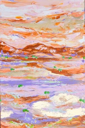 Peach and lilac outback desert landscape with gold foil highlights. 