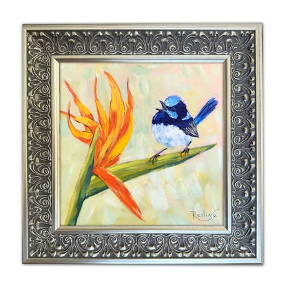 Superb Fairy Wren and Birds of Paradise original painting by Irina Redine. Australian nature small artwork framed and ready to hang, gift idea