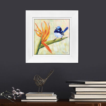 Superb Fairy Wren and Birds of Paradise original painting by Irina Redine. Australian nature small artwork framed and ready to hang, gift idea