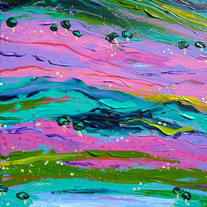 Vibrant rainbow coloured landscape with pink, green and blue - abstract interpretation of hilly country Victoria