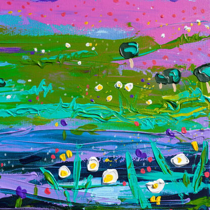 Vibrant rainbow coloured landscape with pink, green and blue - abstract interpretation of hilly country Victoria