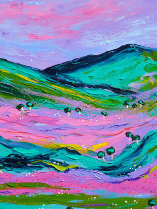 Vibrant rainbow coloured landscape with pink, green and blue - abstract interpretation of hilly country Victoria