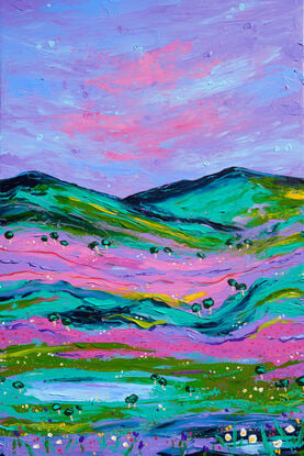 Vibrant rainbow coloured landscape with pink, green and blue - abstract interpretation of hilly country Victoria