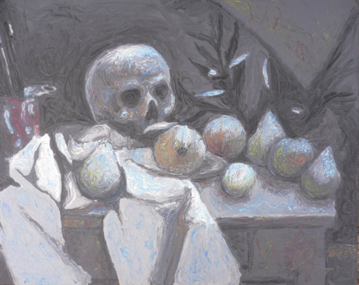 Depicts a darkened, moonlit, artist studio still life arrangement of skull and fruit and paintbrushes on a table.