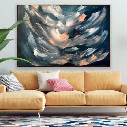 Large brushstrokes of Navy, blush pink and white coming out of a navy background on sustainable canvas