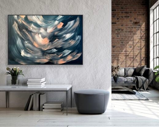 Large brushstrokes of Navy, blush pink and white coming out of a navy background on sustainable canvas