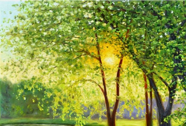 Landscape painting with the sun shining through the spring trees on the bank of the lake