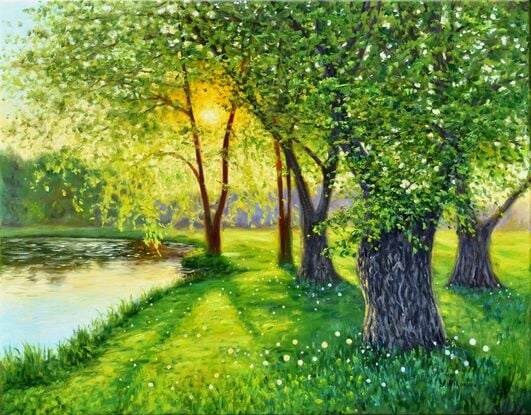 Landscape painting with the sun shining through the spring trees on the bank of the lake