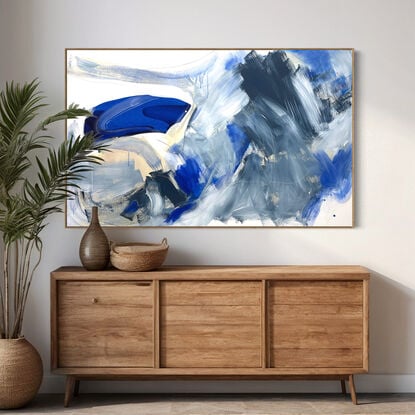 Subtle tones of blue - dark blue, light blue, white, neutral, grey beige, yellow, peach and brown combined with large expressive pencil and paint marks, across the canvas surface. 