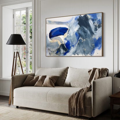 Subtle tones of blue - dark blue, light blue, white, neutral, grey beige, yellow, peach and brown combined with large expressive pencil and paint marks, across the canvas surface. 