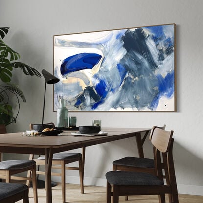 Subtle tones of blue - dark blue, light blue, white, neutral, grey beige, yellow, peach and brown combined with large expressive pencil and paint marks, across the canvas surface. 