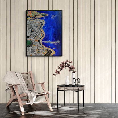 a striking modern abstract landscape painting of a coastal town bordering a vibrant blue ocean and beaches, boats and a jetty. This artwork is perfect for any lover of the ocean and collector of emerging australian art.