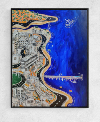 a striking modern abstract landscape painting of a coastal town bordering a vibrant blue ocean and beaches, boats and a jetty. This artwork is perfect for any lover of the ocean and collector of emerging australian art.