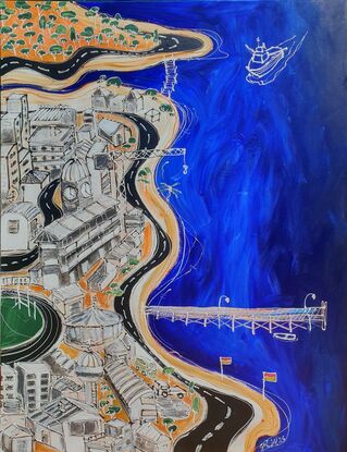 a striking modern abstract landscape painting of a coastal town bordering a vibrant blue ocean and beaches, boats and a jetty. This artwork is perfect for any lover of the ocean and collector of emerging australian art.