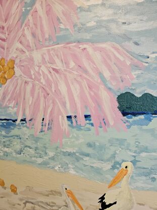 large original painting acrylic framed ready to hang pelicans palm tree pink beach