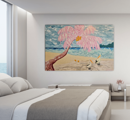 large original painting acrylic framed ready to hang pelicans palm tree pink beach