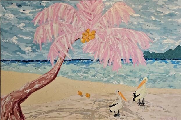 large original painting acrylic framed ready to hang pelicans palm tree pink beach