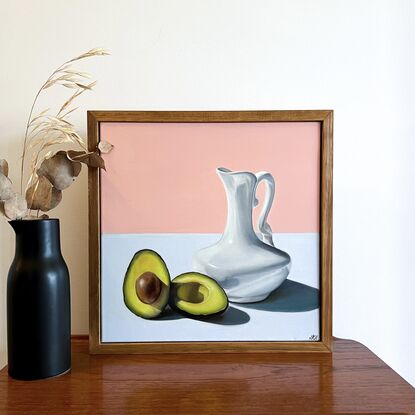 Still life with jug vase and avocados 