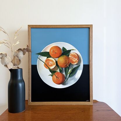 Framed still life mandarins bright blue orange 