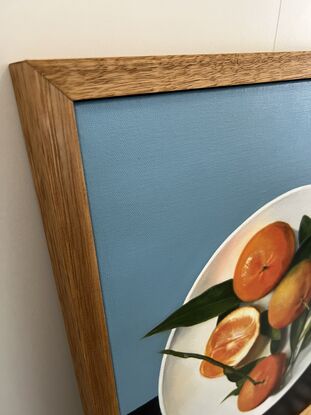 Framed still life mandarins bright blue orange 