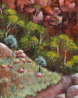 a path leads through spring growth in the outback, with flowering trees against red ochre rock and sunset tinged sky.